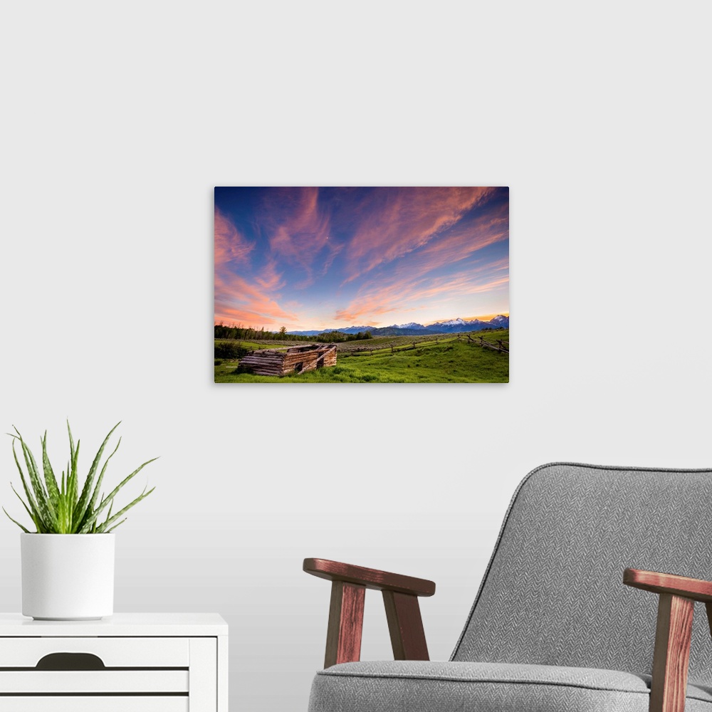 A modern room featuring Sun Sets Over An Abandoned Ranch with Snow Capped Tetons, Jackso