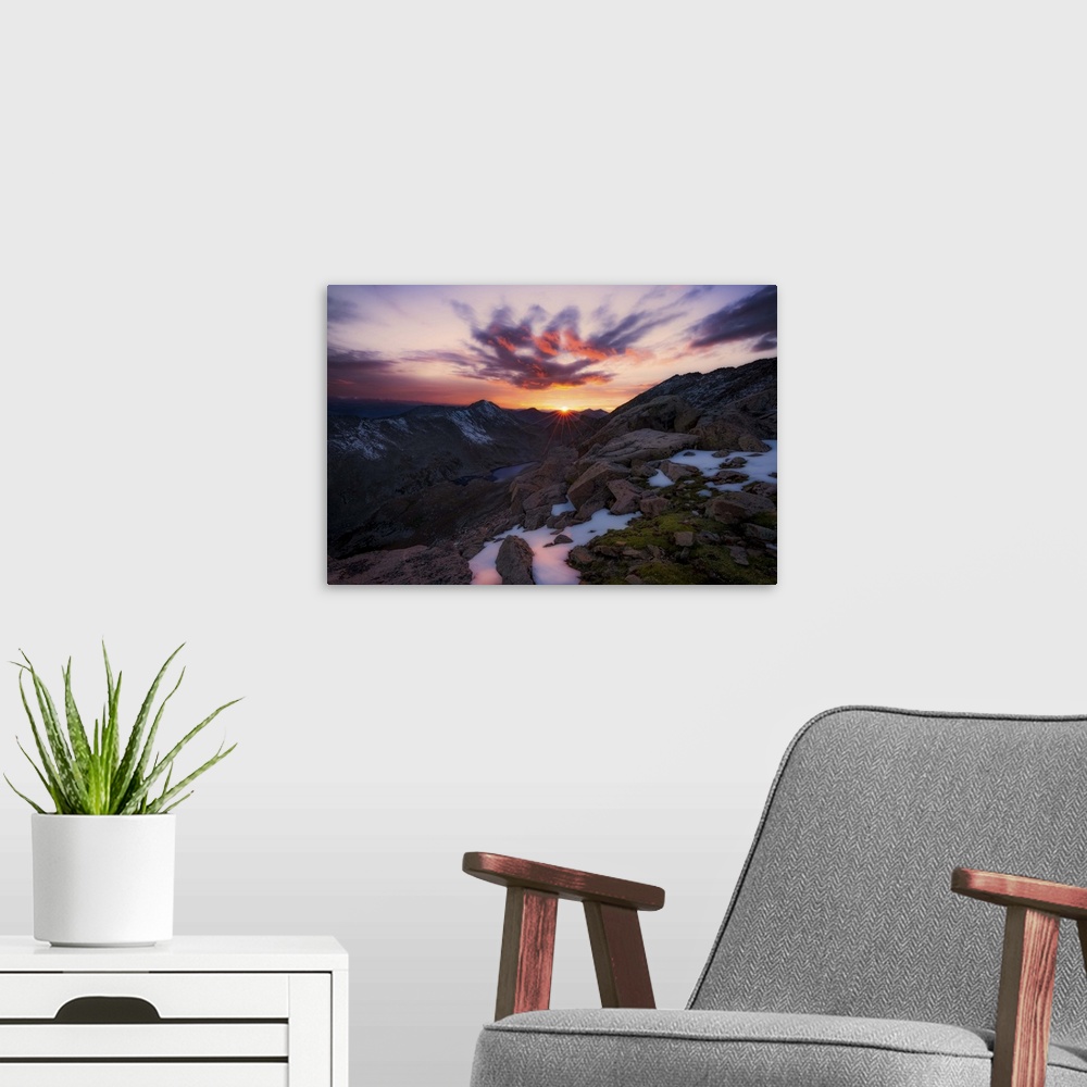 A modern room featuring Sun Sets Over the Rugged Colorado Rockies, Mount Evans
