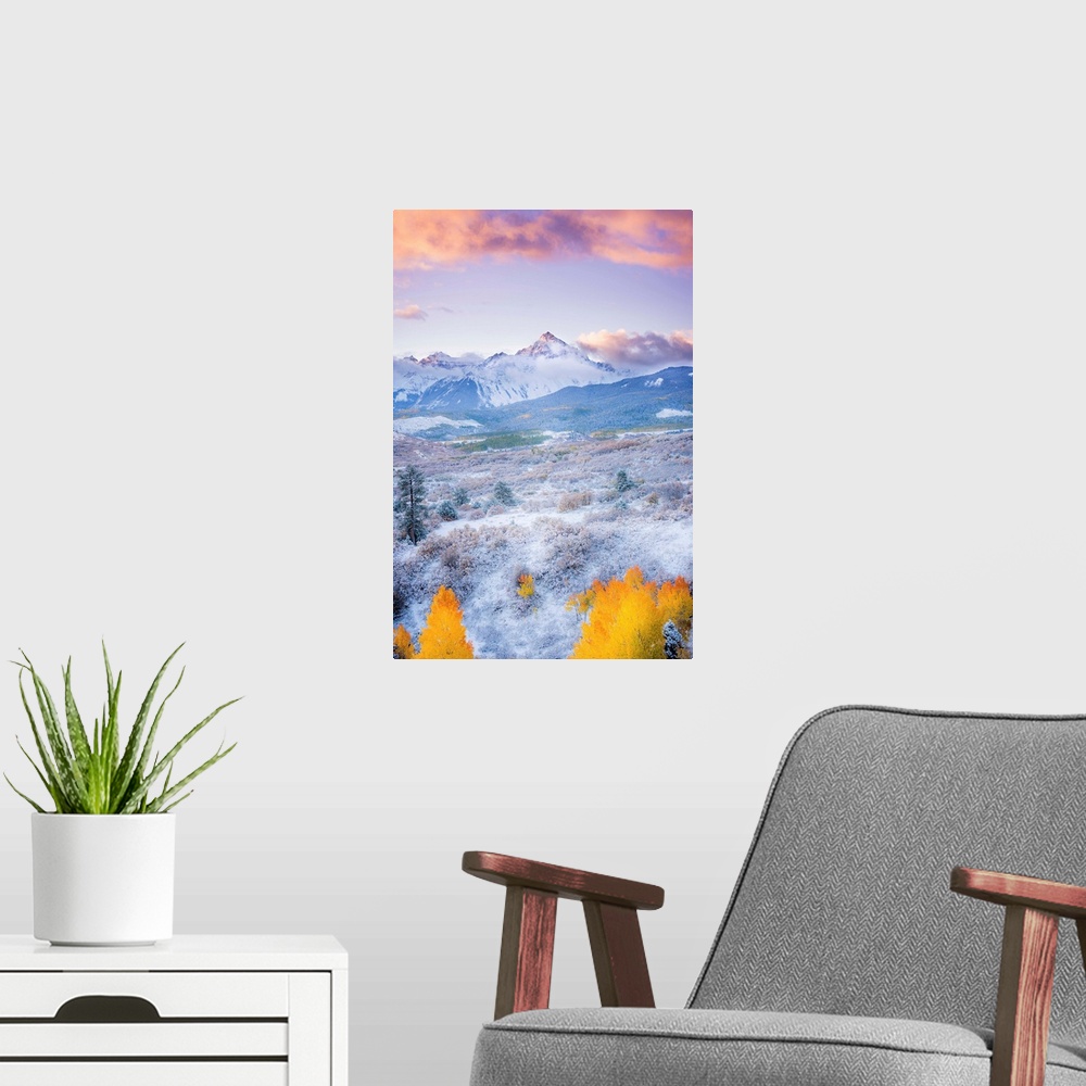 A modern room featuring Sunrise and Clouds Light Up at Sunrise with Fall Color, Mount Sneffels, CO