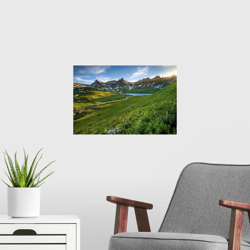 A modern room featuring Sunset Over Upper Ice Lake and Wild Flowers, Ice Lake Basin