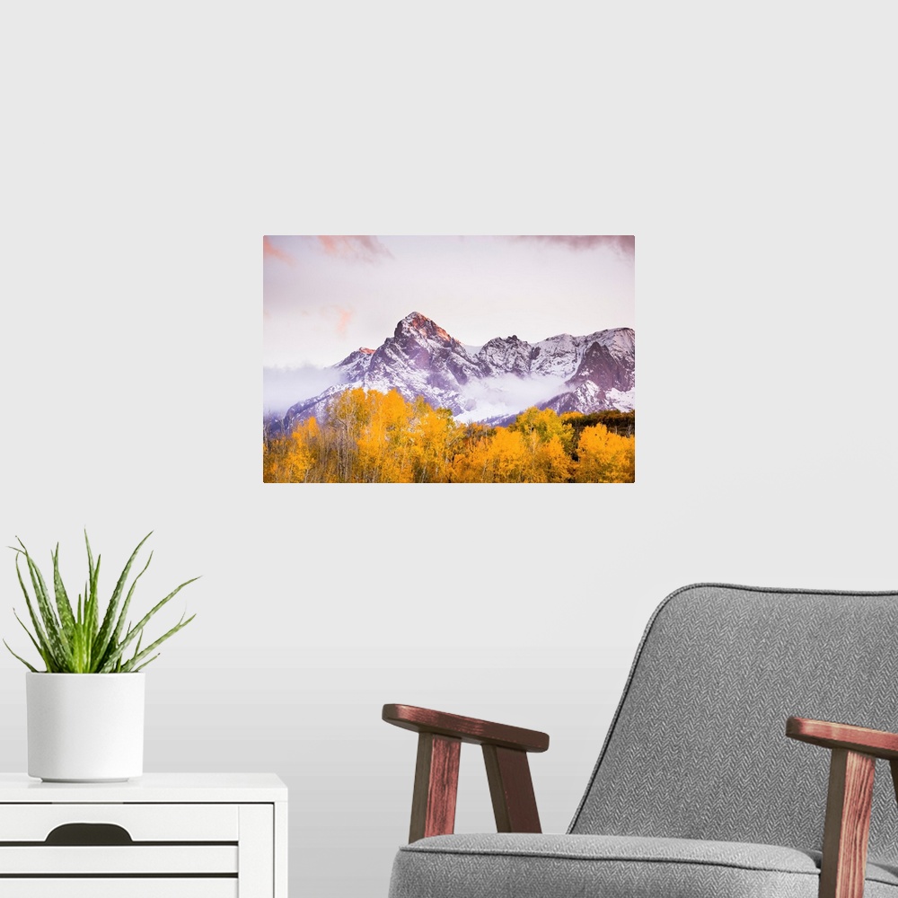 A modern room featuring The Sun Paints the Sky and Leaves of Fall, Telluride, Colorado