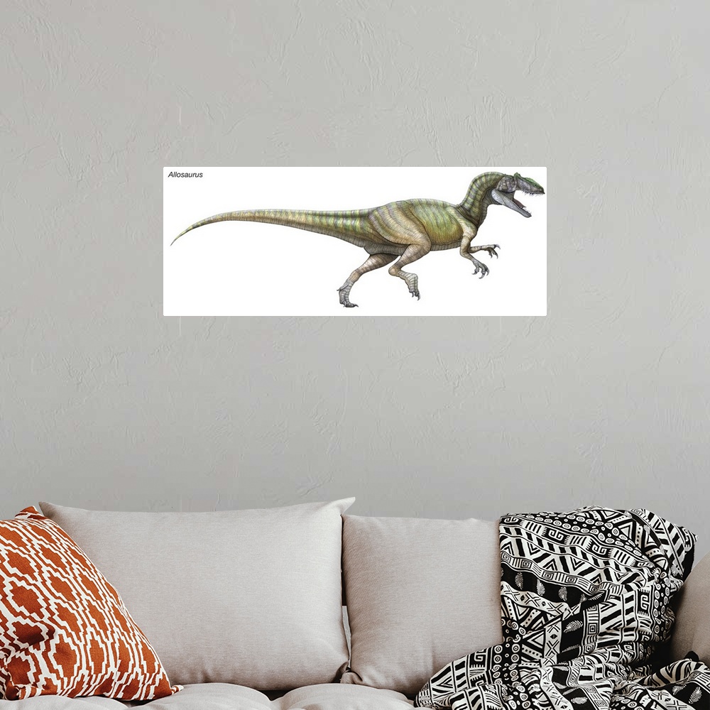 A bohemian room featuring An illustration from Encyclopaedia Britannica of the dinosaur Allosaurus.