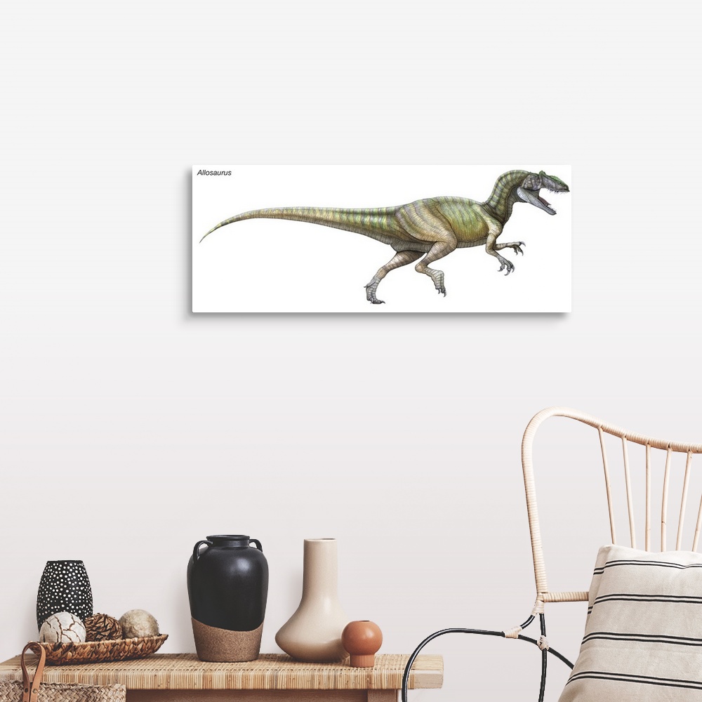 A farmhouse room featuring An illustration from Encyclopaedia Britannica of the dinosaur Allosaurus.