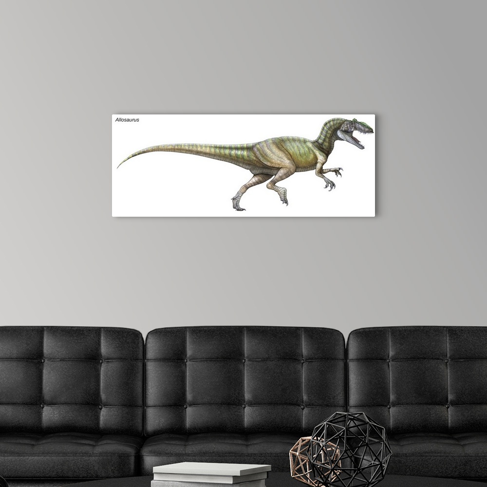 A modern room featuring An illustration from Encyclopaedia Britannica of the dinosaur Allosaurus.
