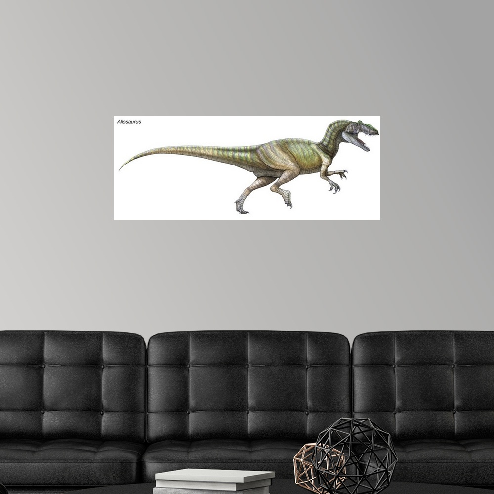 A modern room featuring An illustration from Encyclopaedia Britannica of the dinosaur Allosaurus.