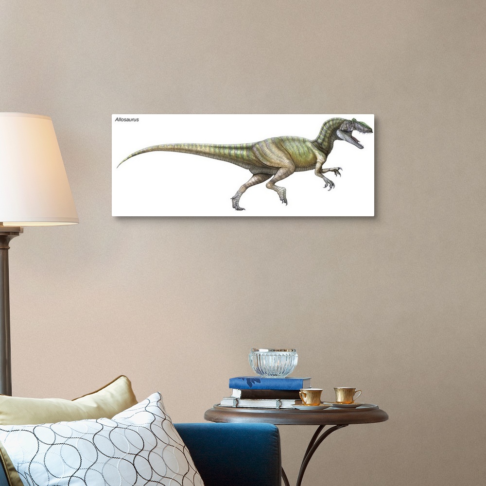 A traditional room featuring An illustration from Encyclopaedia Britannica of the dinosaur Allosaurus.