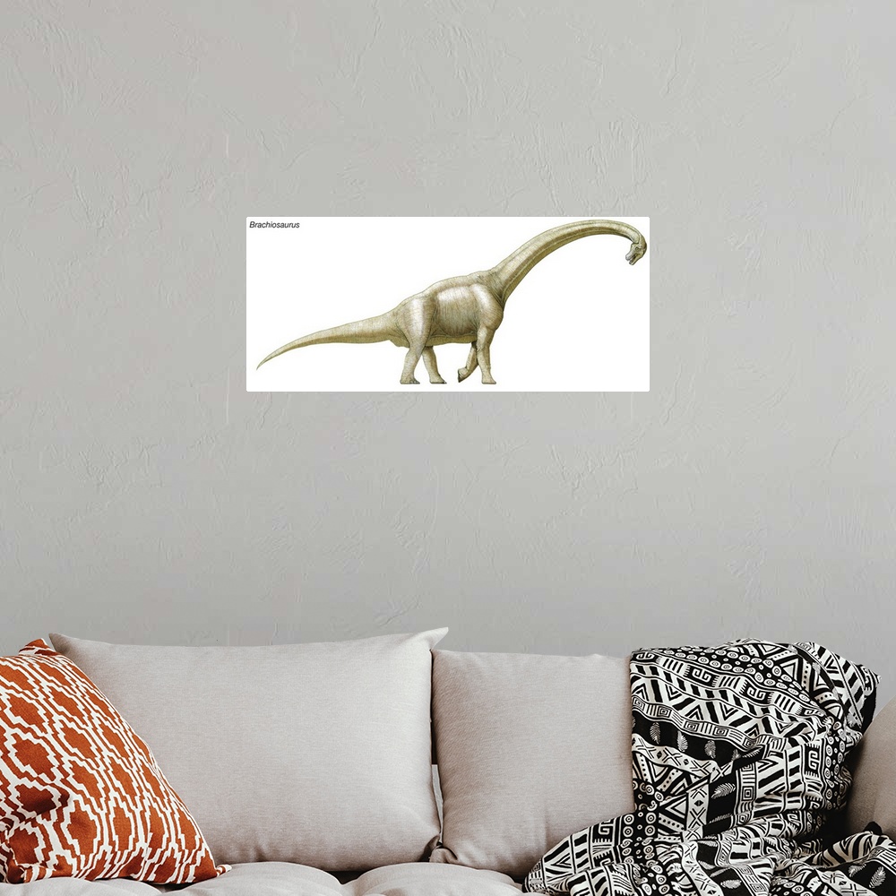 A bohemian room featuring An illustration from Encyclopaedia Britannica of the dinosaur Brachiosaurus.