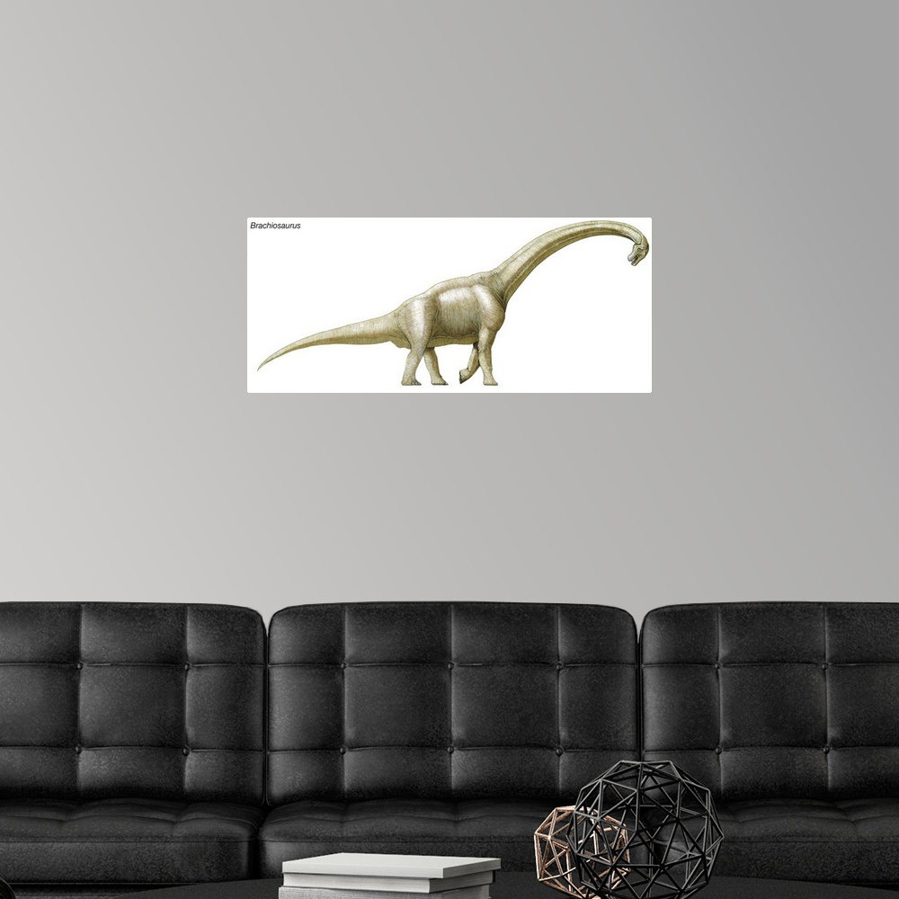 A modern room featuring An illustration from Encyclopaedia Britannica of the dinosaur Brachiosaurus.