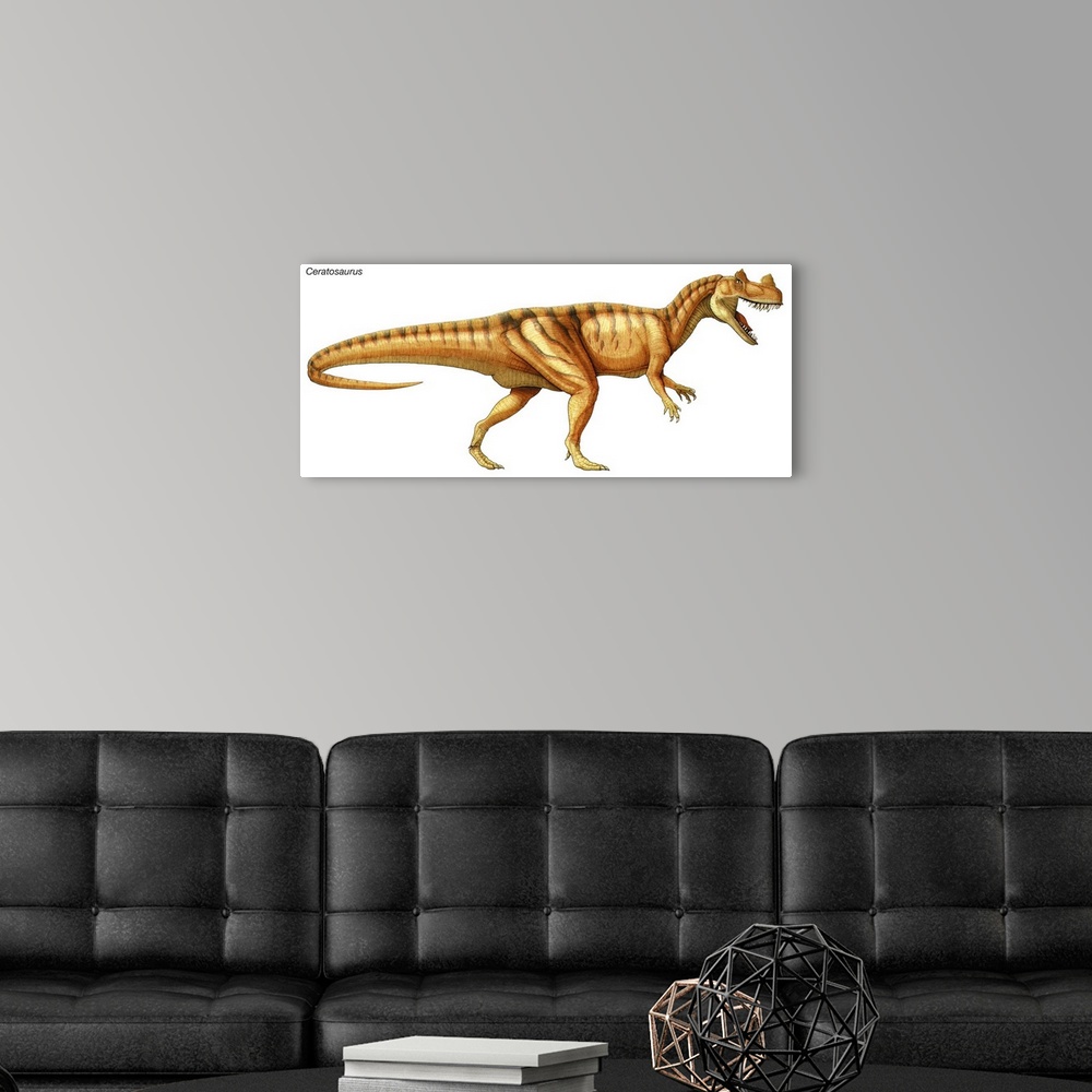 A modern room featuring An illustration from Encyclopaedia Britannica of the dinosaur Ceratosaurus.
