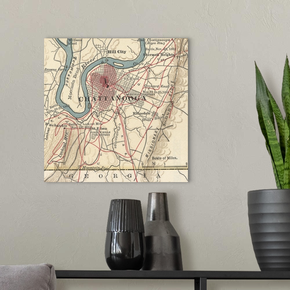 A modern room featuring Chattanooga - Vintage Map