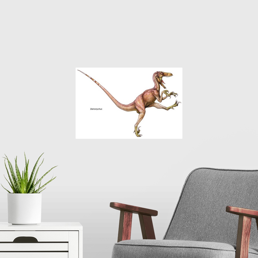 A modern room featuring An illustration from Encyclopaedia Britannica of the dinosaur Deinonychus.