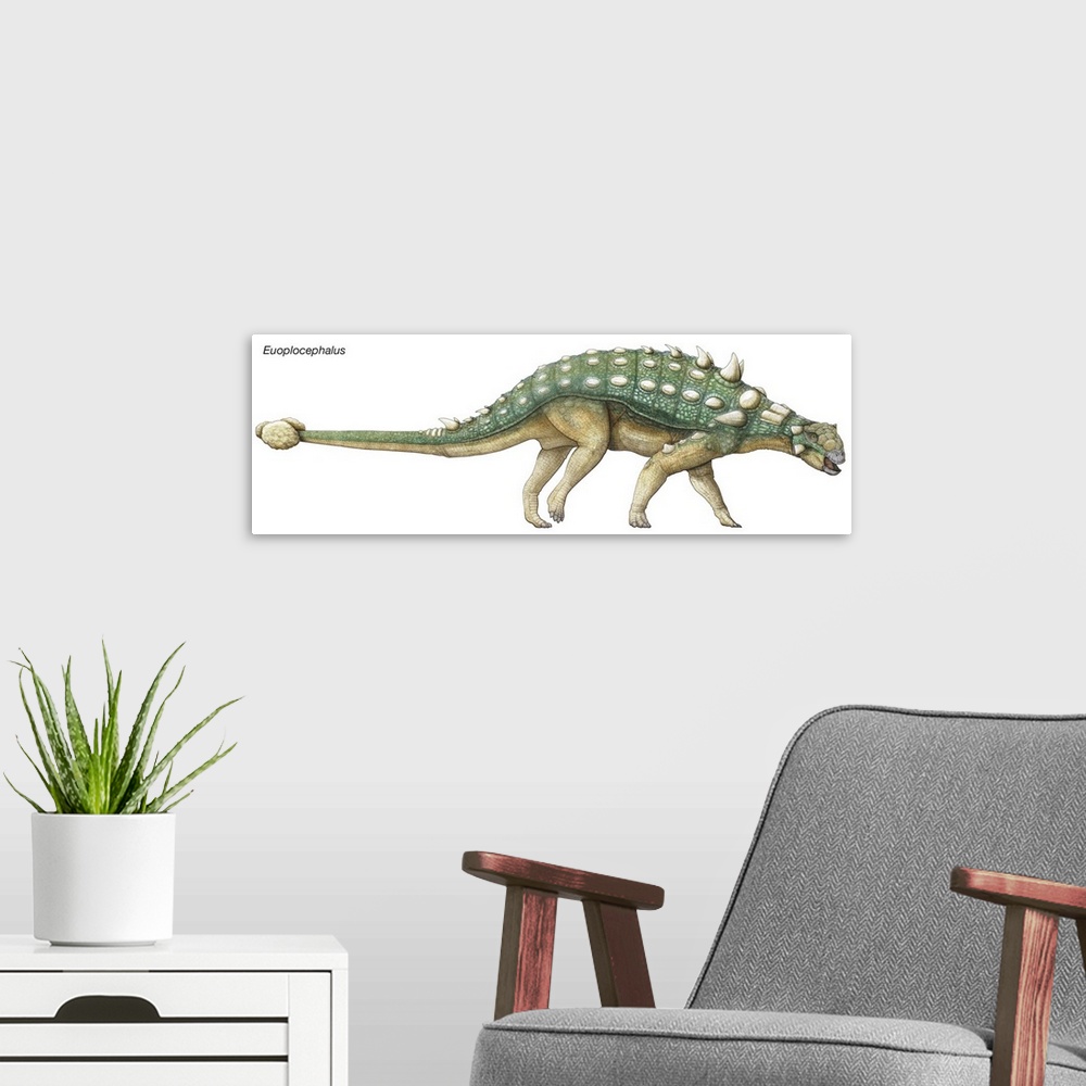 A modern room featuring An illustration from Encyclopaedia Britannica of the dinosaur Euoplocephalus.