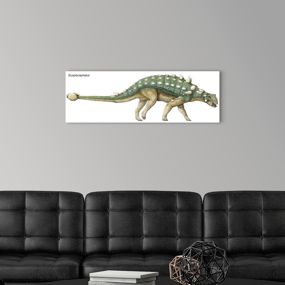 A modern room featuring An illustration from Encyclopaedia Britannica of the dinosaur Euoplocephalus.