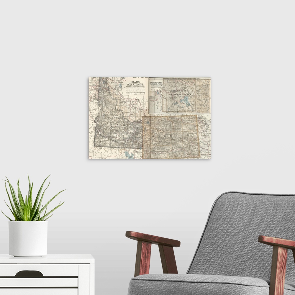 A modern room featuring Idaho and Wyoming, with Yellowstone National Park - Vintage Map