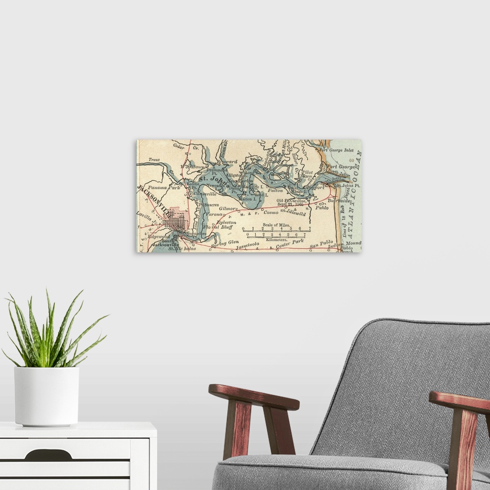 A modern room featuring Jacksonville and St. John's River - Vintage Map
