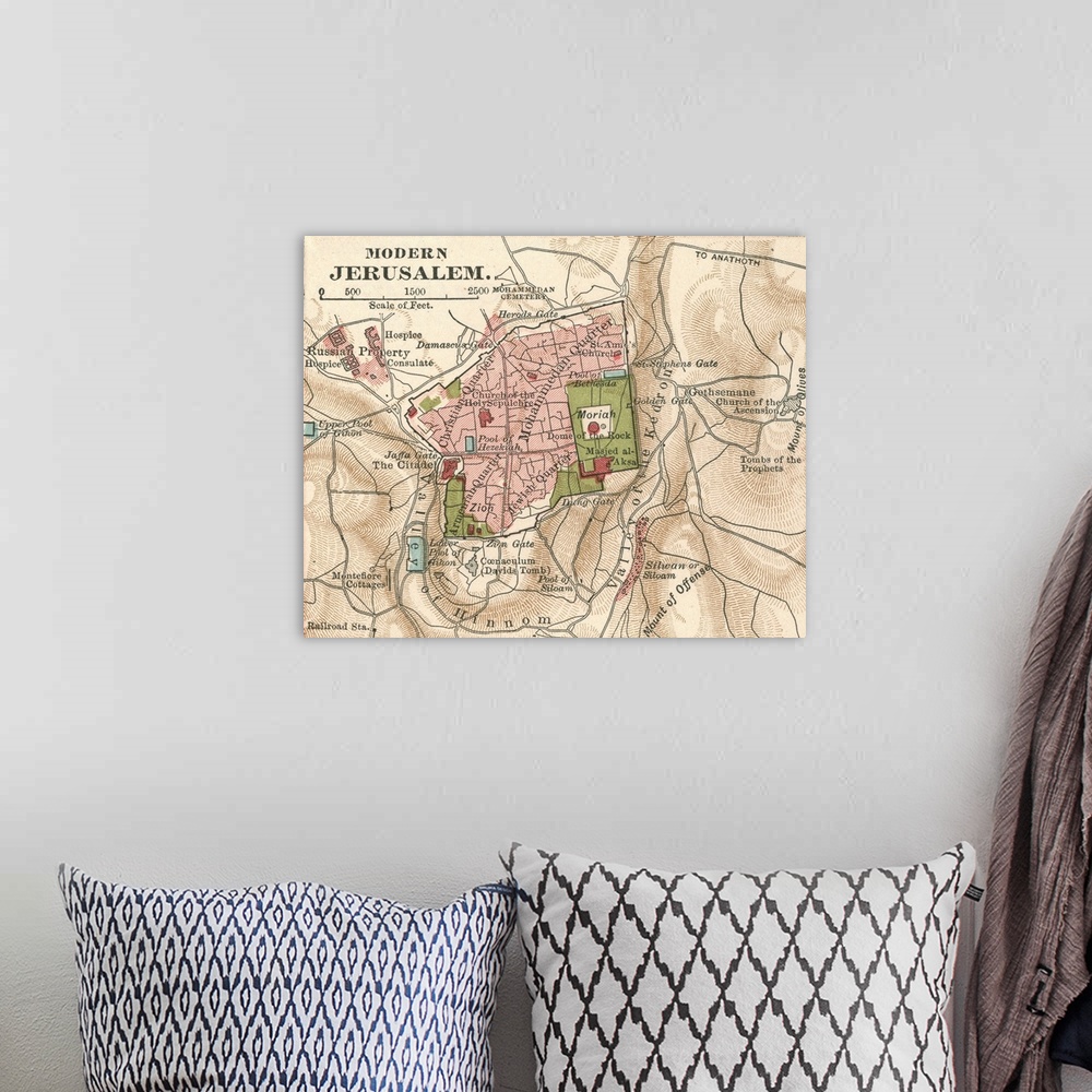 A bohemian room featuring Jerusalem - Vintage Map