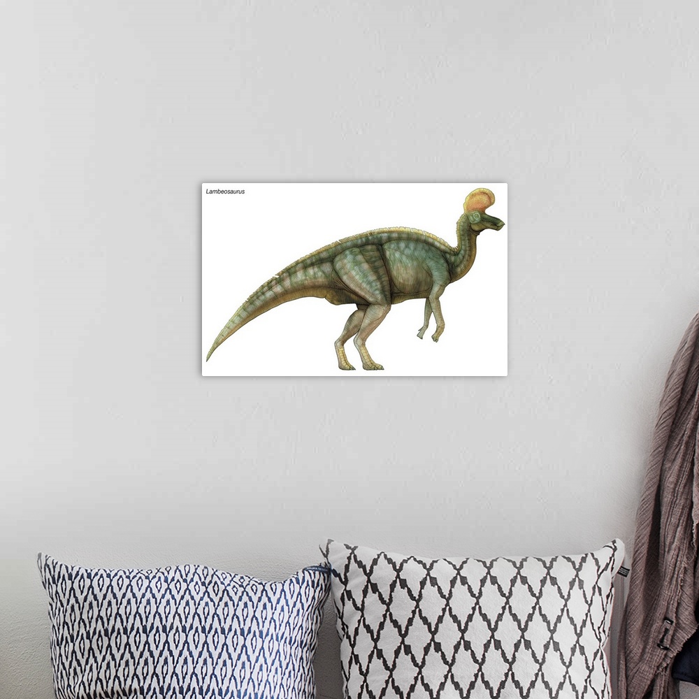 A bohemian room featuring An illustration from Encyclopaedia Britannica of the dinosaur Lambeosaurus.