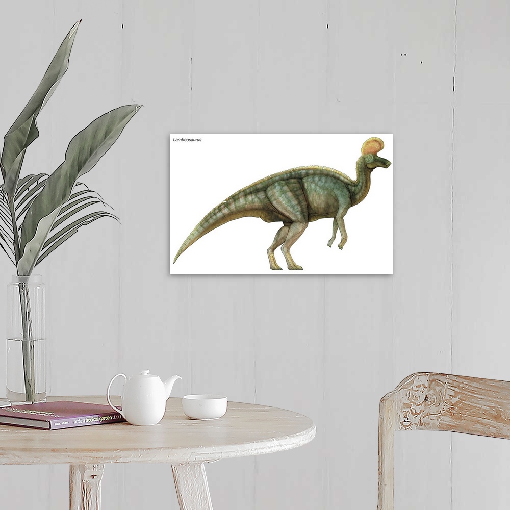 A farmhouse room featuring An illustration from Encyclopaedia Britannica of the dinosaur Lambeosaurus.