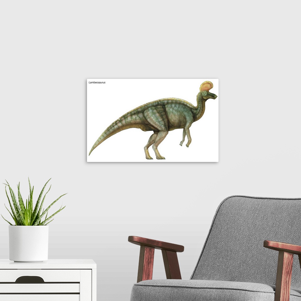 A modern room featuring An illustration from Encyclopaedia Britannica of the dinosaur Lambeosaurus.