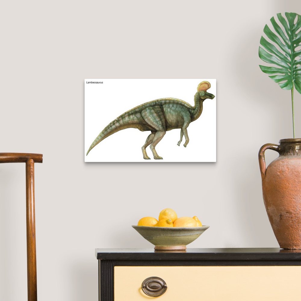 A traditional room featuring An illustration from Encyclopaedia Britannica of the dinosaur Lambeosaurus.