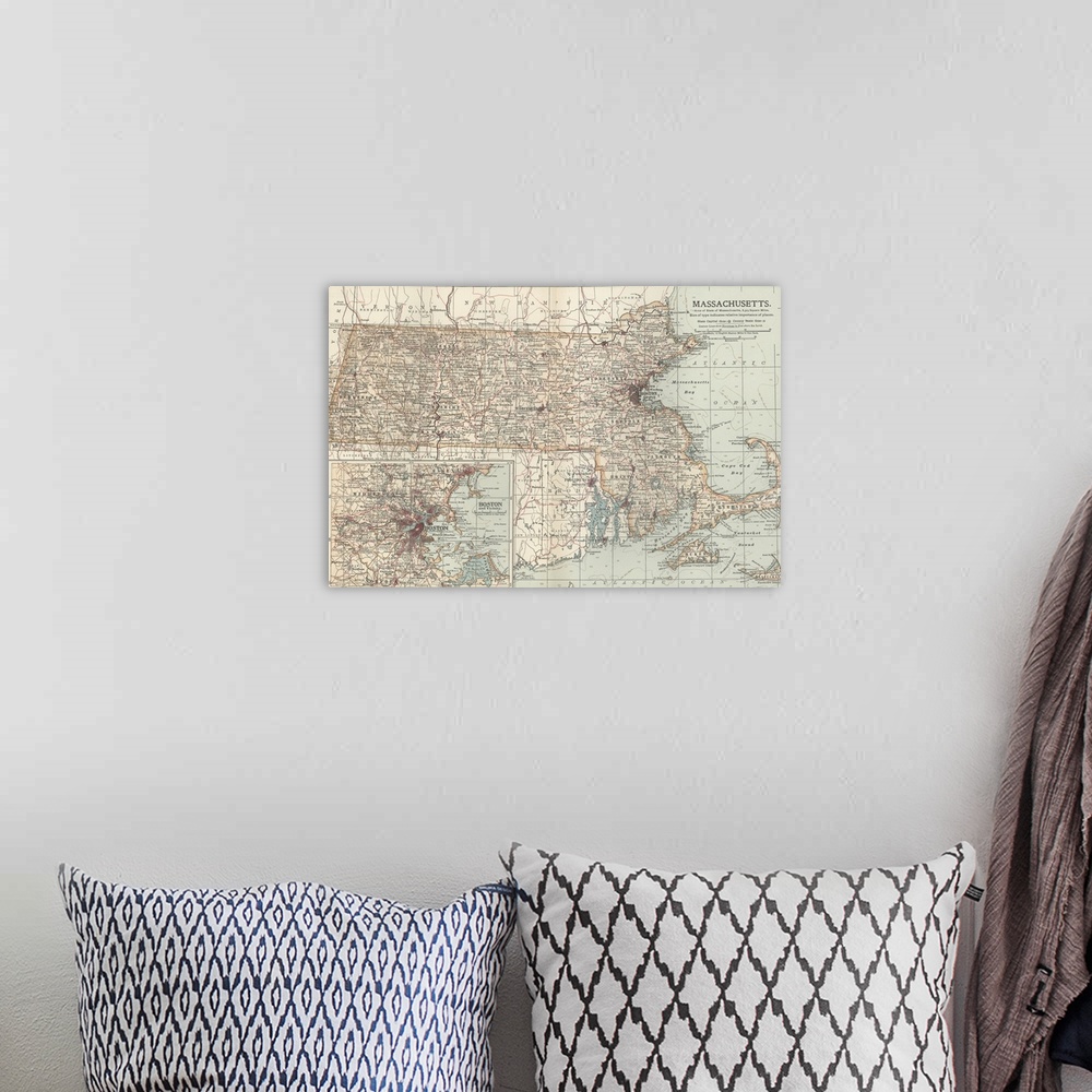 A bohemian room featuring Massachusetts - Vintage Map