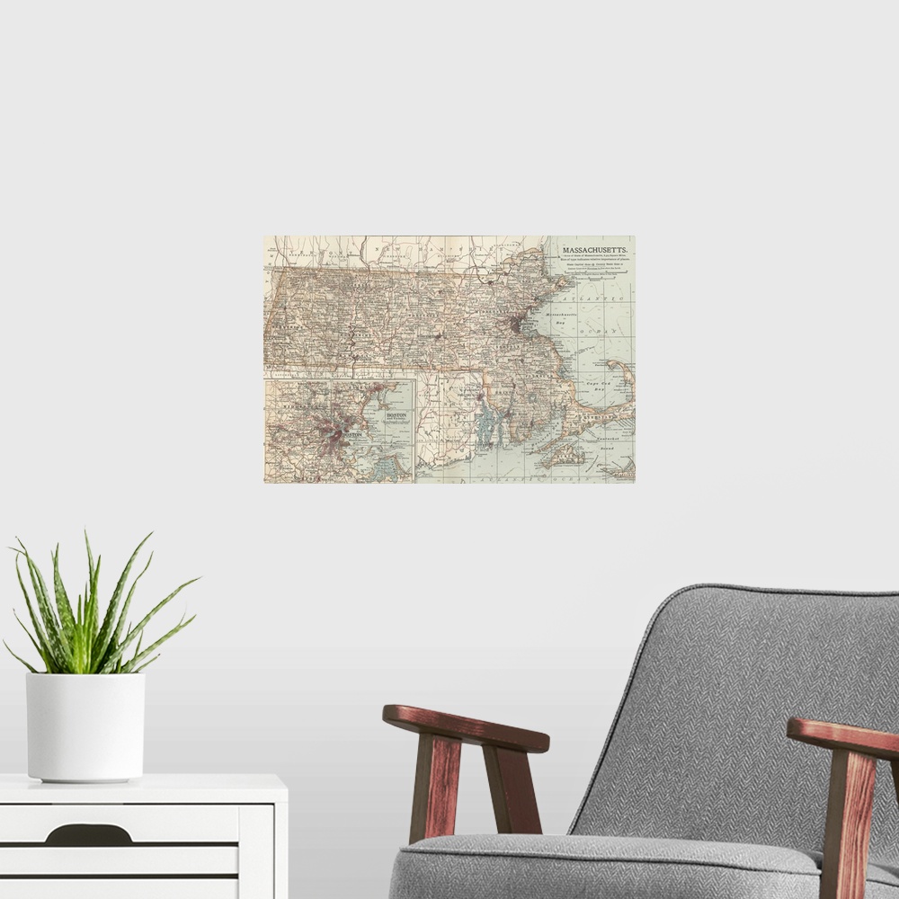 A modern room featuring Massachusetts - Vintage Map