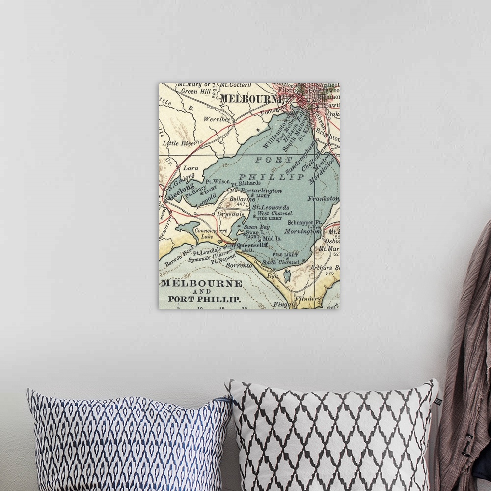 A bohemian room featuring Melbourne and Port Phillip - Vintage Map