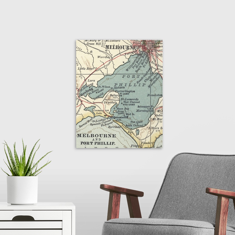 A modern room featuring Melbourne and Port Phillip - Vintage Map