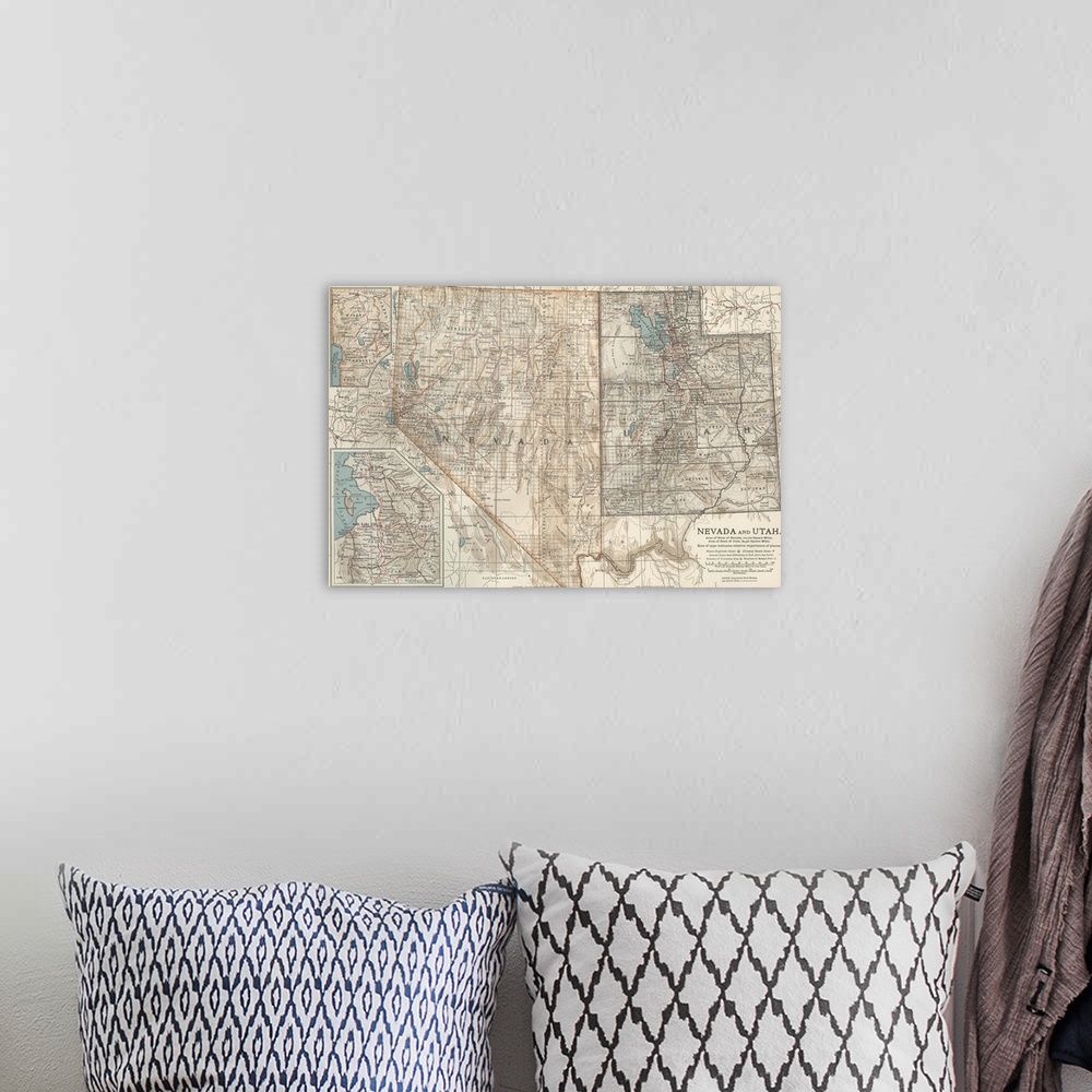 A bohemian room featuring Nevada and Utah - Vintage Map