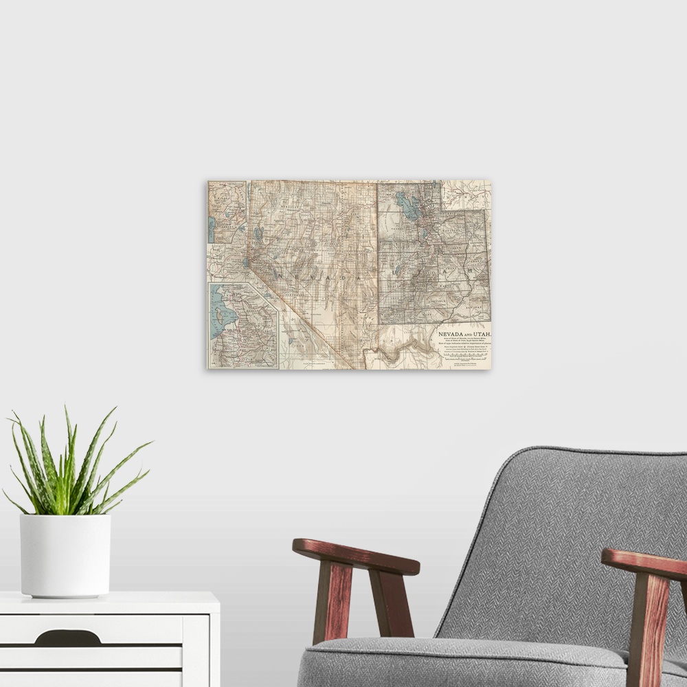 A modern room featuring Nevada and Utah - Vintage Map