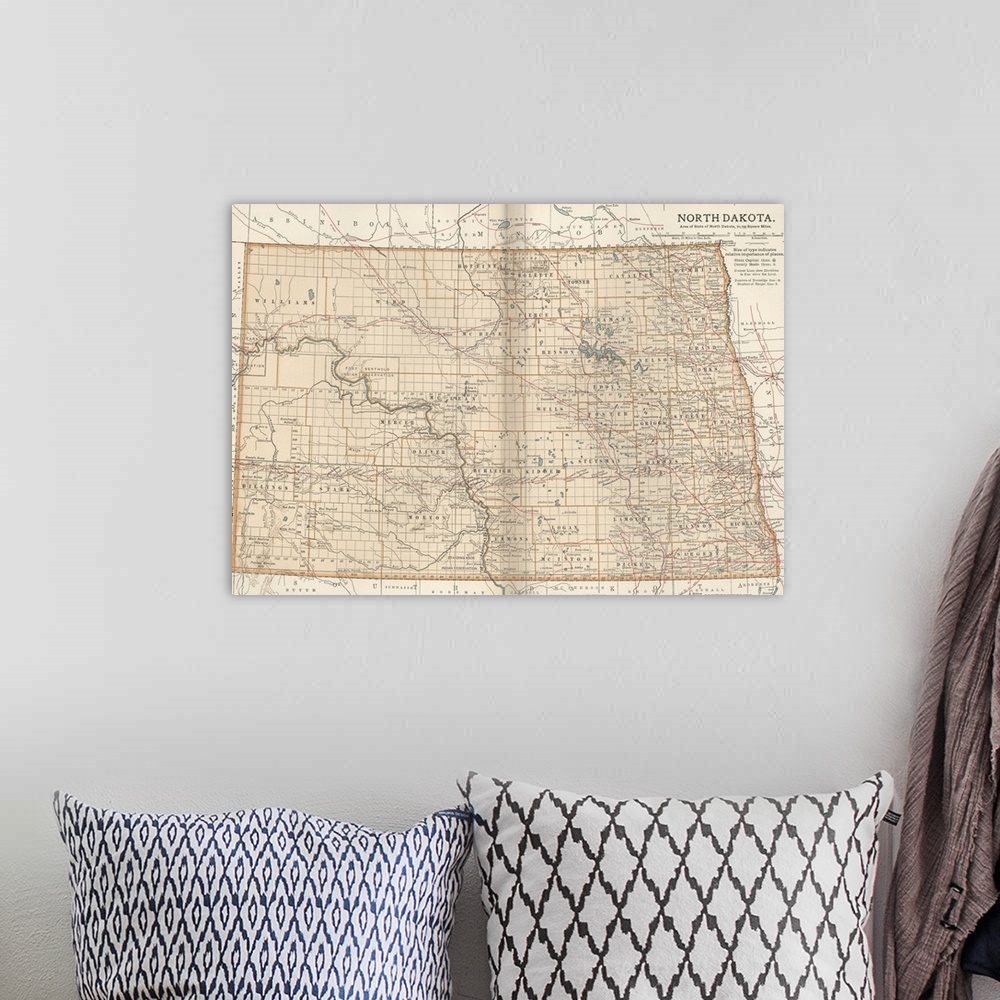 A bohemian room featuring North Dakota - Vintage Map