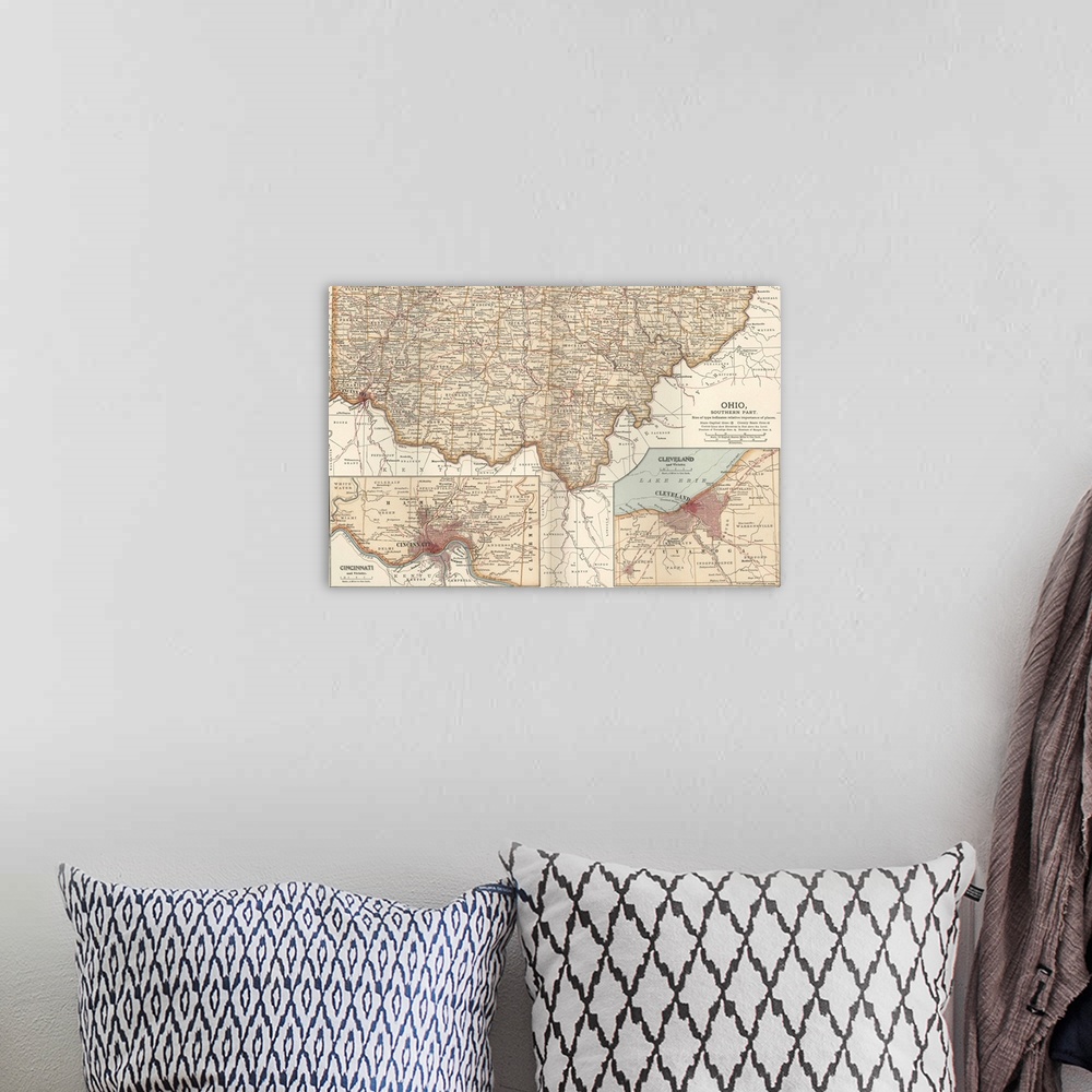 A bohemian room featuring Ohio, Southern Part, with Cincinnati and Cleveland - Vintage Map