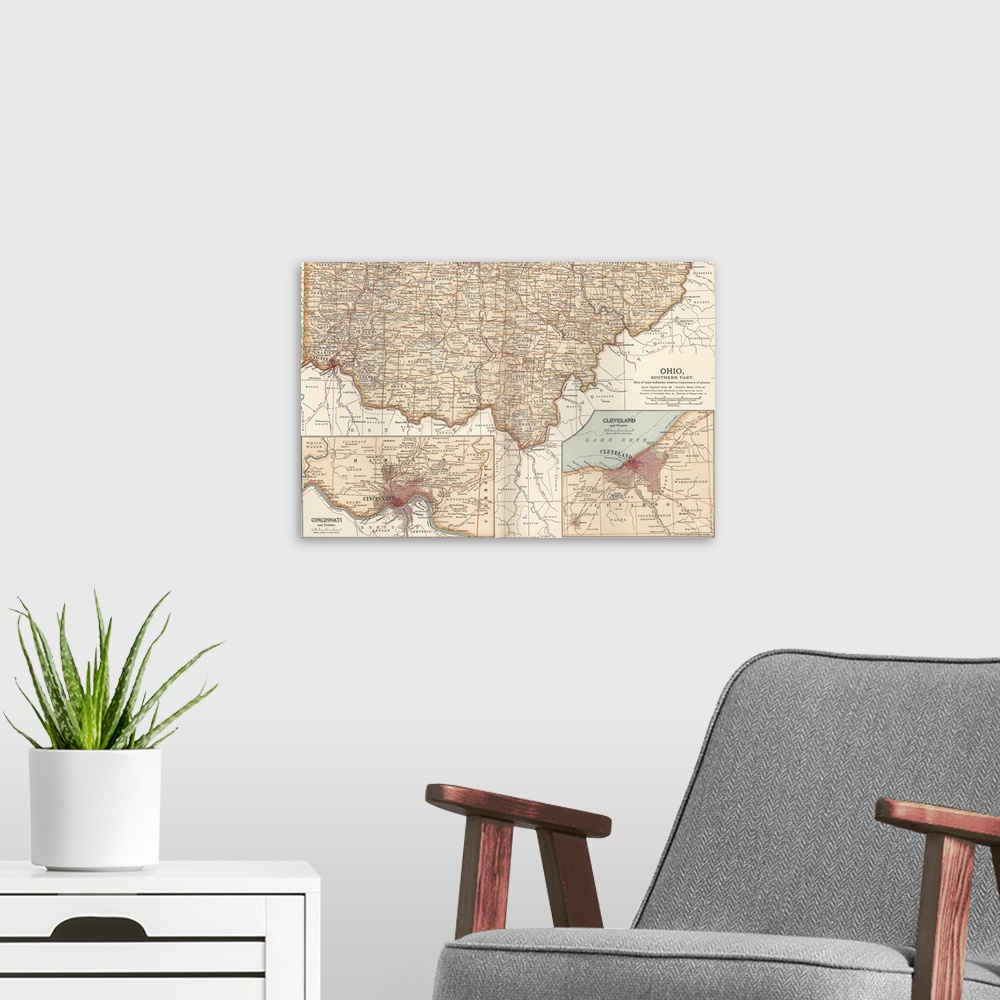 A modern room featuring Ohio, Southern Part, with Cincinnati and Cleveland - Vintage Map
