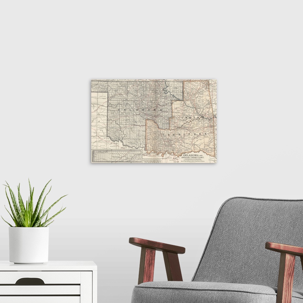 A modern room featuring Oklahoma and Indian Territory  - Vintage Map