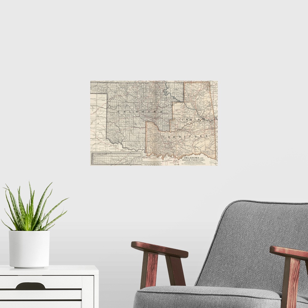 A modern room featuring Oklahoma and Indian Territory  - Vintage Map
