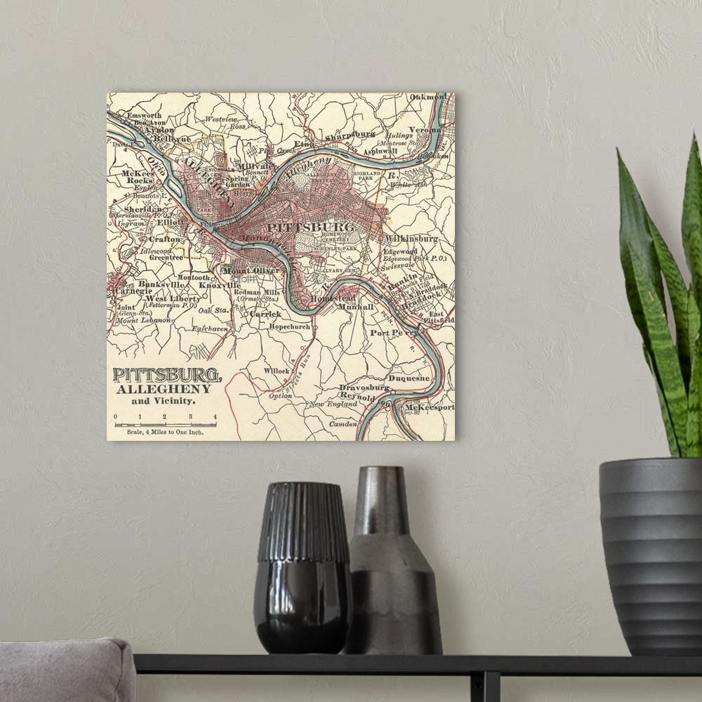A modern room featuring Pittsburg - Vintage Map