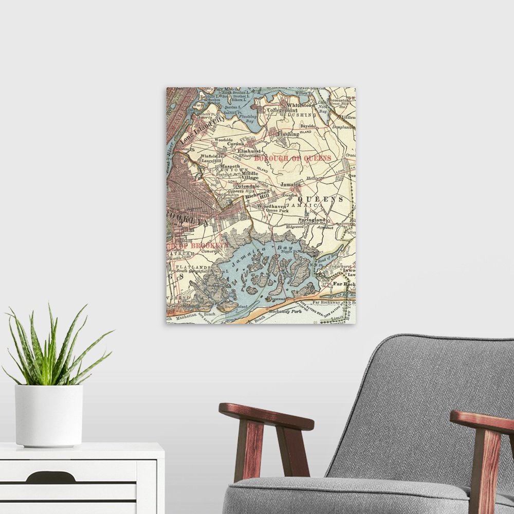 A modern room featuring Queens - Vintage Map