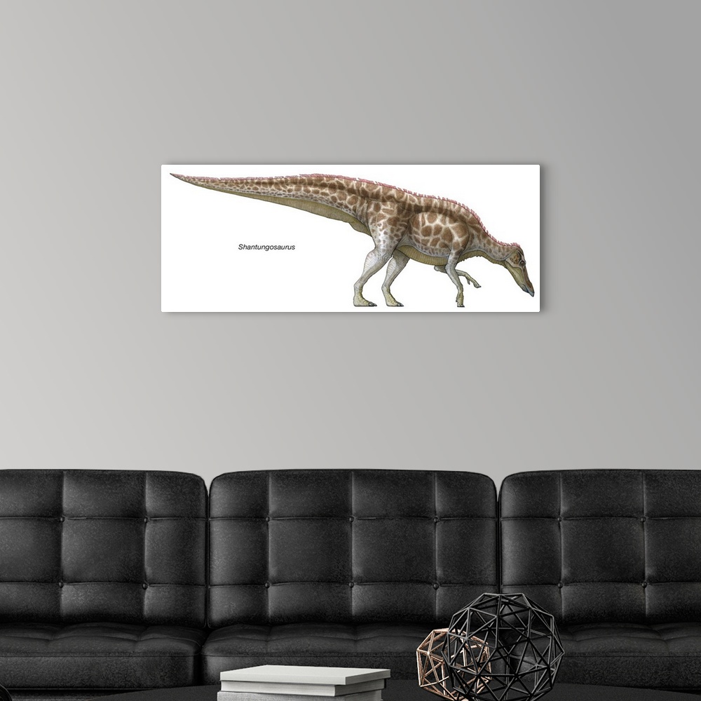 A modern room featuring An illustration from Encyclopaedia Britannica of the dinosaur Shantungosaurus.