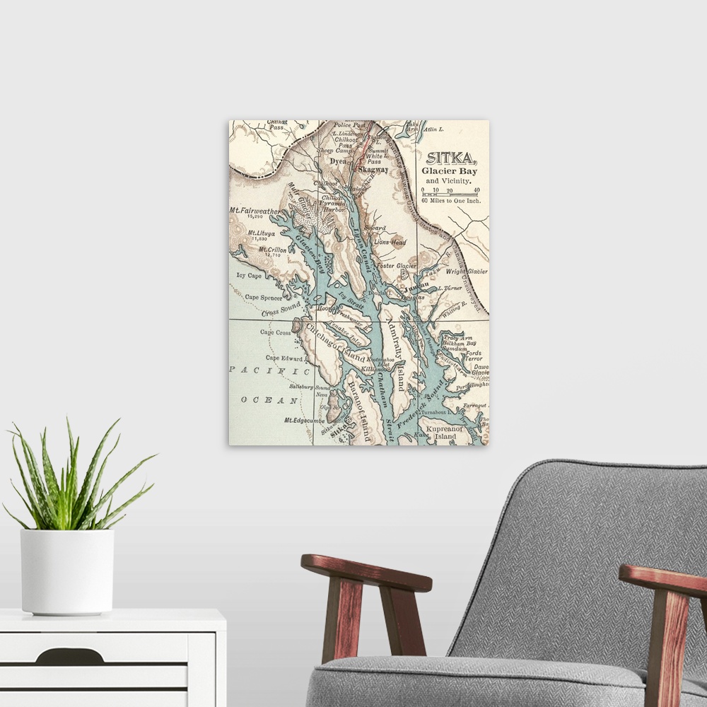 A modern room featuring Sitka, Glacier Bay, and Vicinity - Vintage Map
