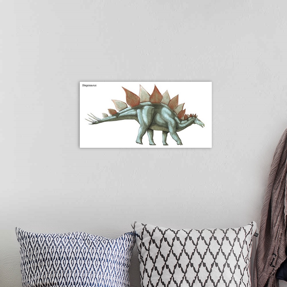 A bohemian room featuring An illustration from Encyclopaedia Britannica of the dinosaur Stegosaurus.
