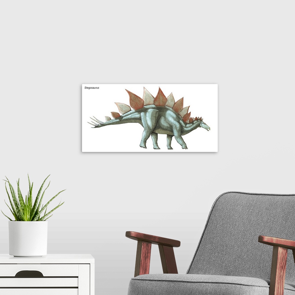 A modern room featuring An illustration from Encyclopaedia Britannica of the dinosaur Stegosaurus.