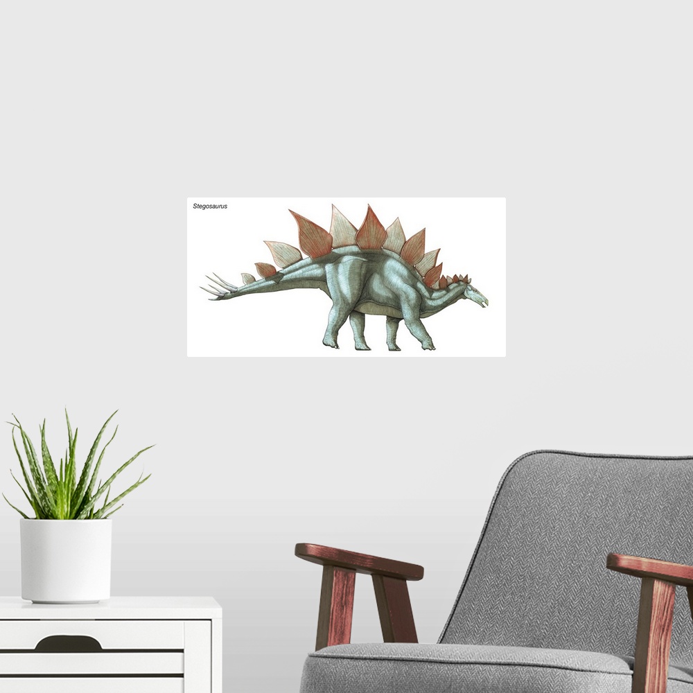 A modern room featuring An illustration from Encyclopaedia Britannica of the dinosaur Stegosaurus.