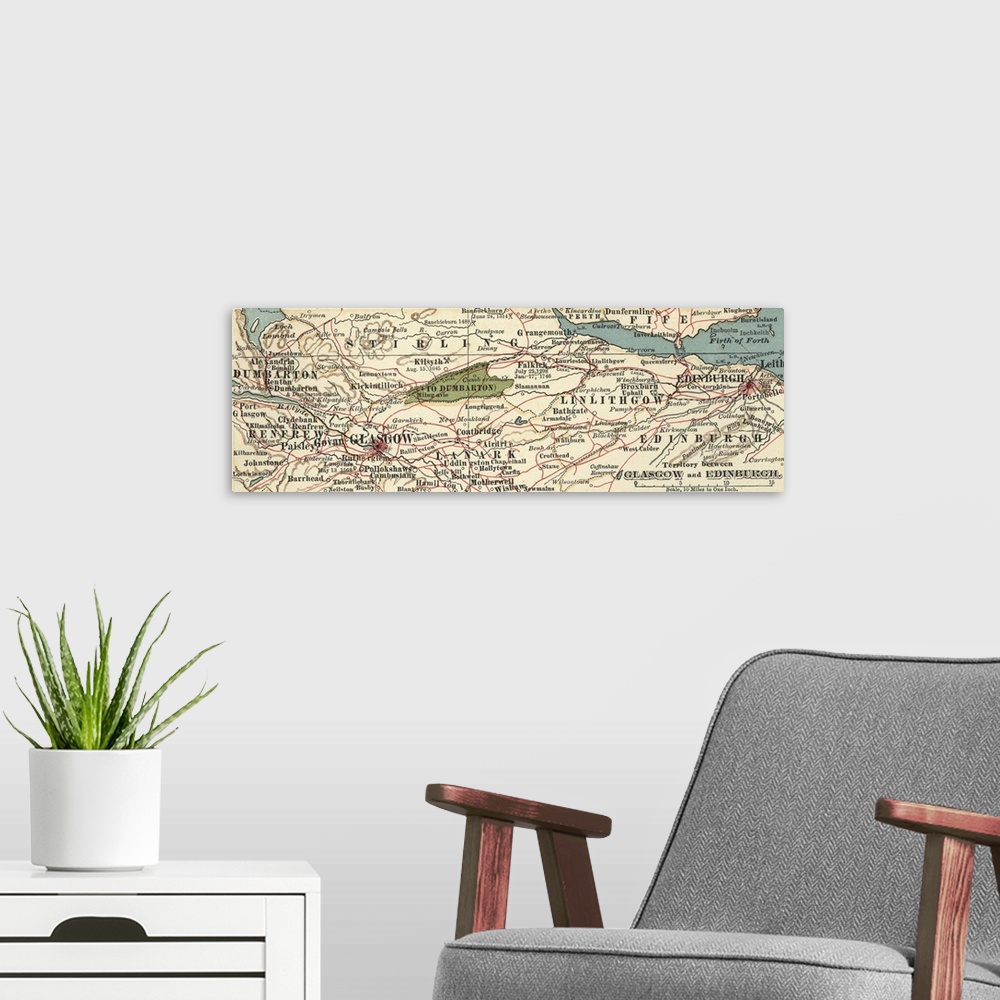 A modern room featuring Territory between Glasgow and Edinburgh - Vintage Map