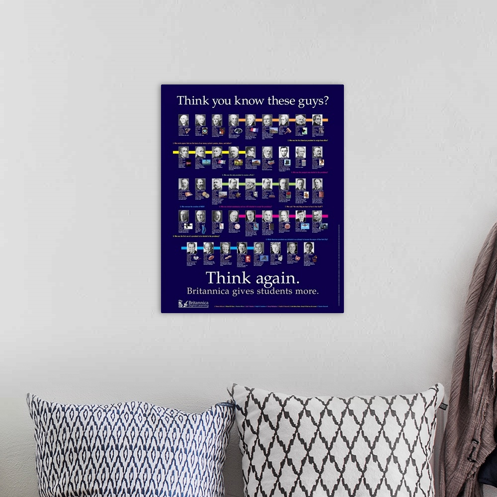 A bohemian room featuring Educational poster showing the 44 presidents of the United States, with interesting facts.
