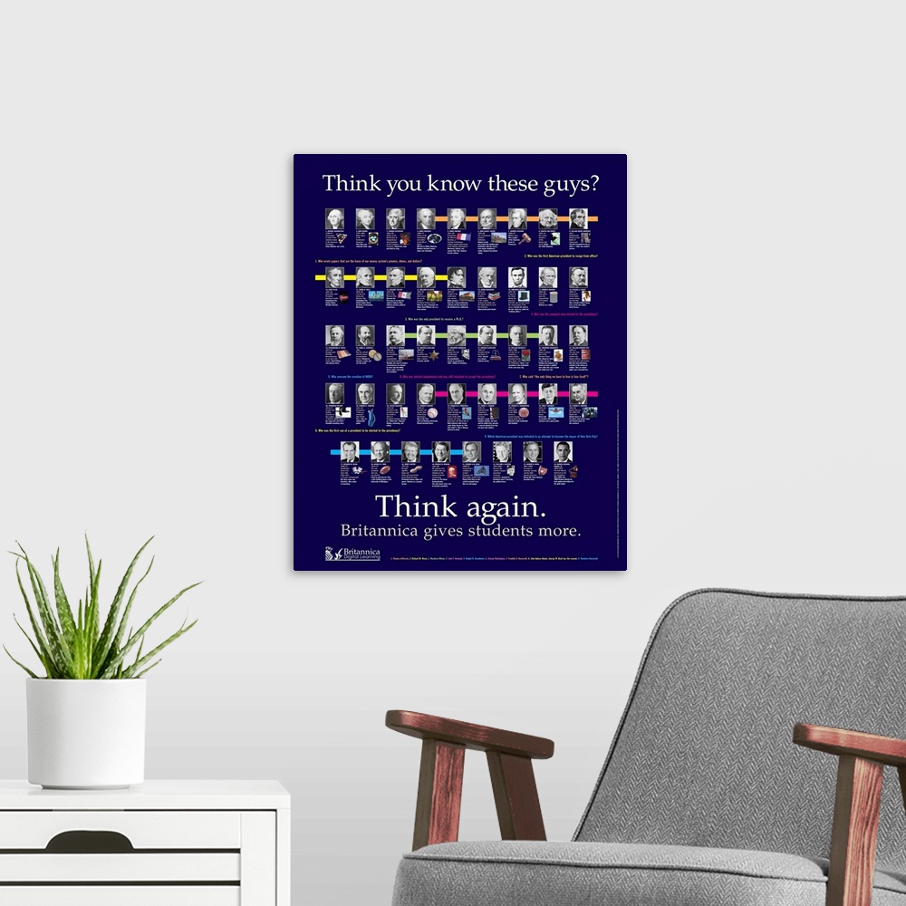 A modern room featuring Educational poster showing the 44 presidents of the United States, with interesting facts.