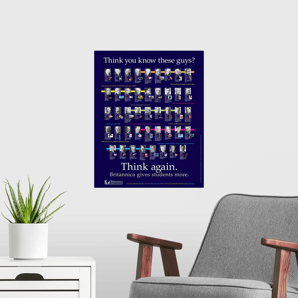 A modern room featuring Educational poster showing the 44 presidents of the United States, with interesting facts.