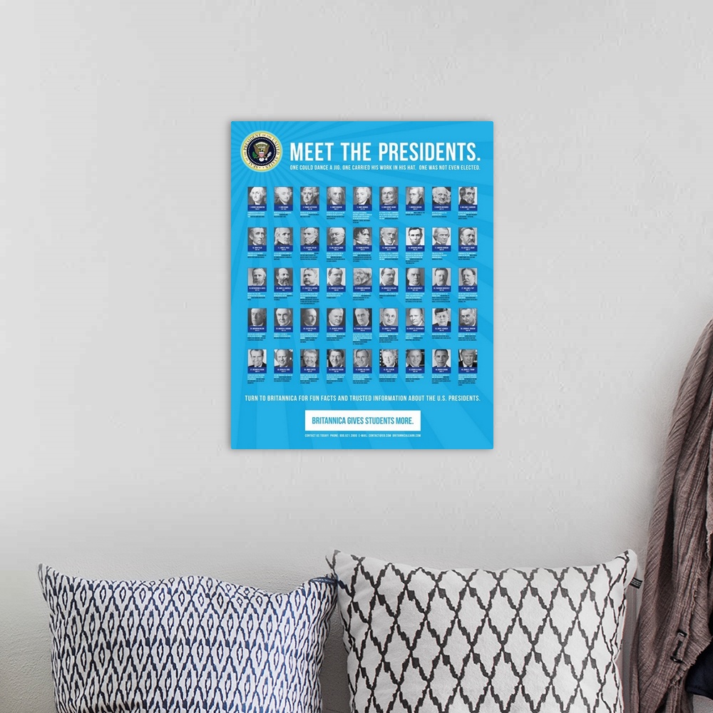 A bohemian room featuring Educational poster showing the 45 presidents of the United States, with interesting facts.