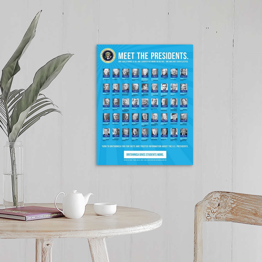 A farmhouse room featuring Educational poster showing the 45 presidents of the United States, with interesting facts.