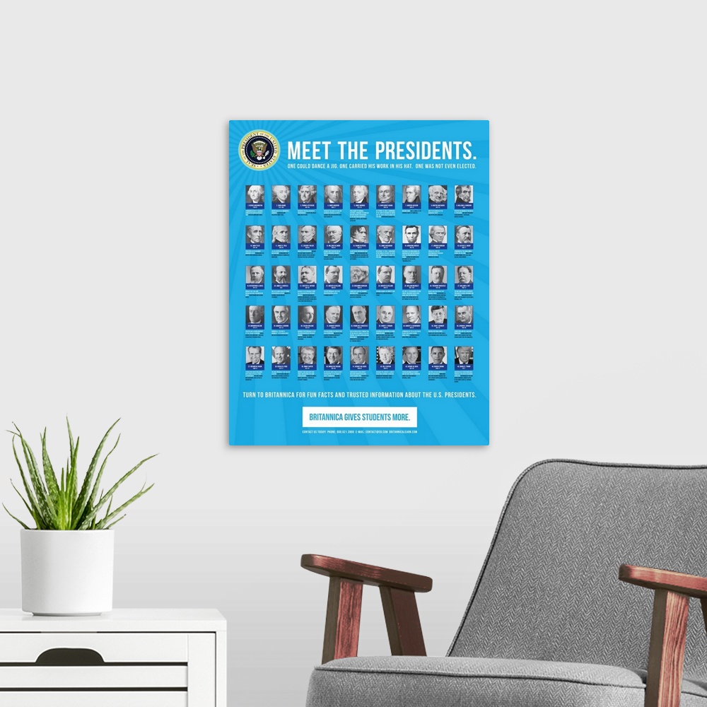 A modern room featuring Educational poster showing the 45 presidents of the United States, with interesting facts.