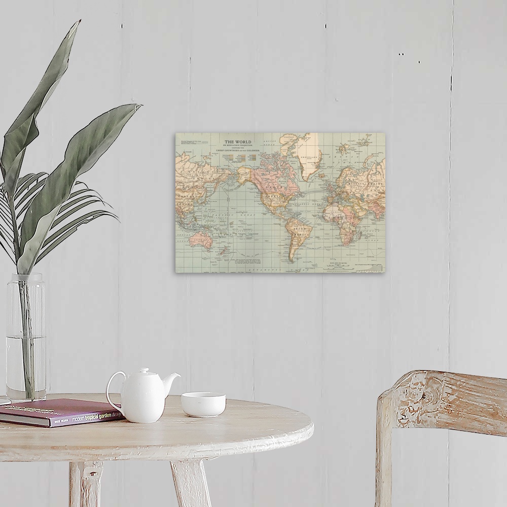 A farmhouse room featuring Vintage map of the earth on a pale blue green background, from the Encyclopaedia Britannica colle...